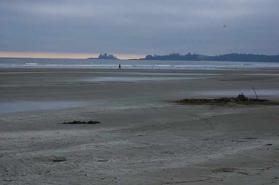 A desolate beach landscape at sunset.