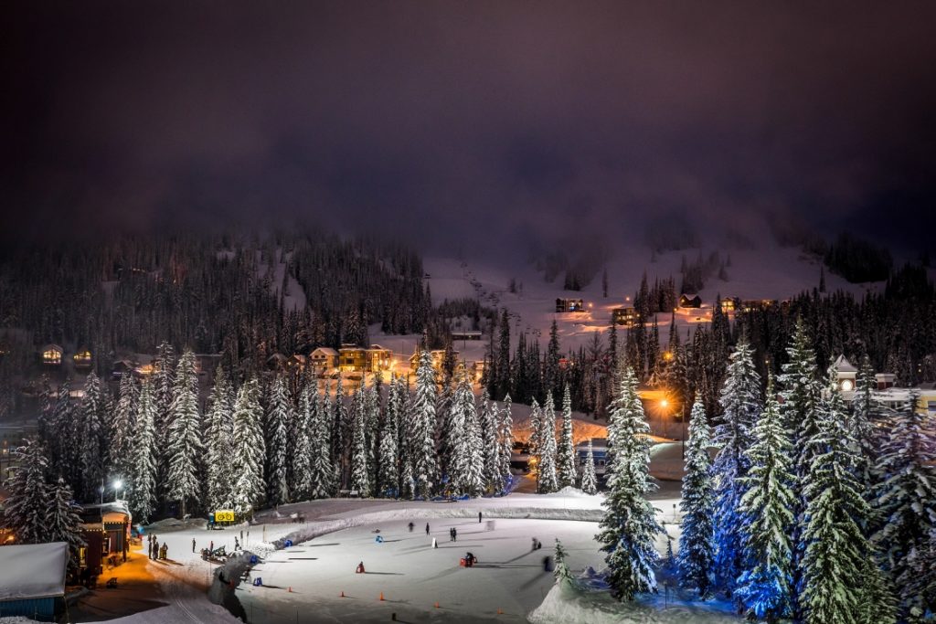 An outdoor skating rink surrounded by snow-dusted trees under an evening sky.