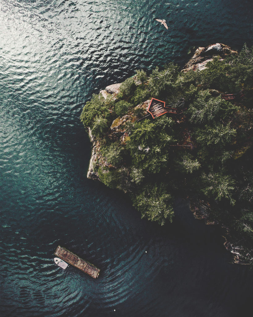 Aerial view of a lush island and a floating dock just offshore.