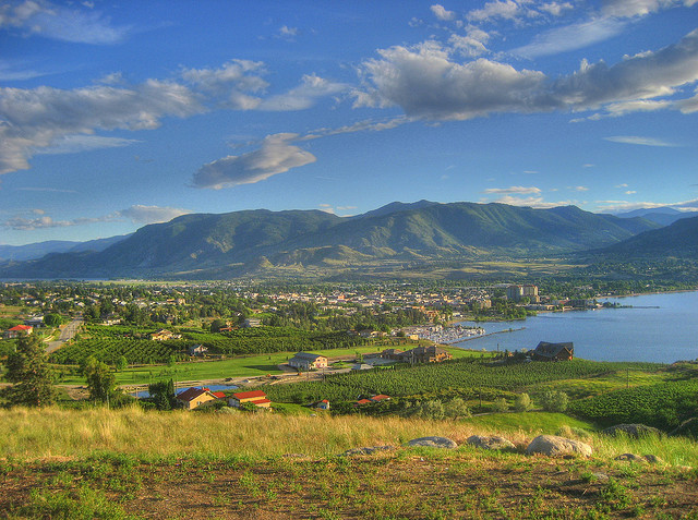 The lake to the right and green vineyards with houses sprinkled on them, green hills in the background and blue skies with white fluffy clouds above.
