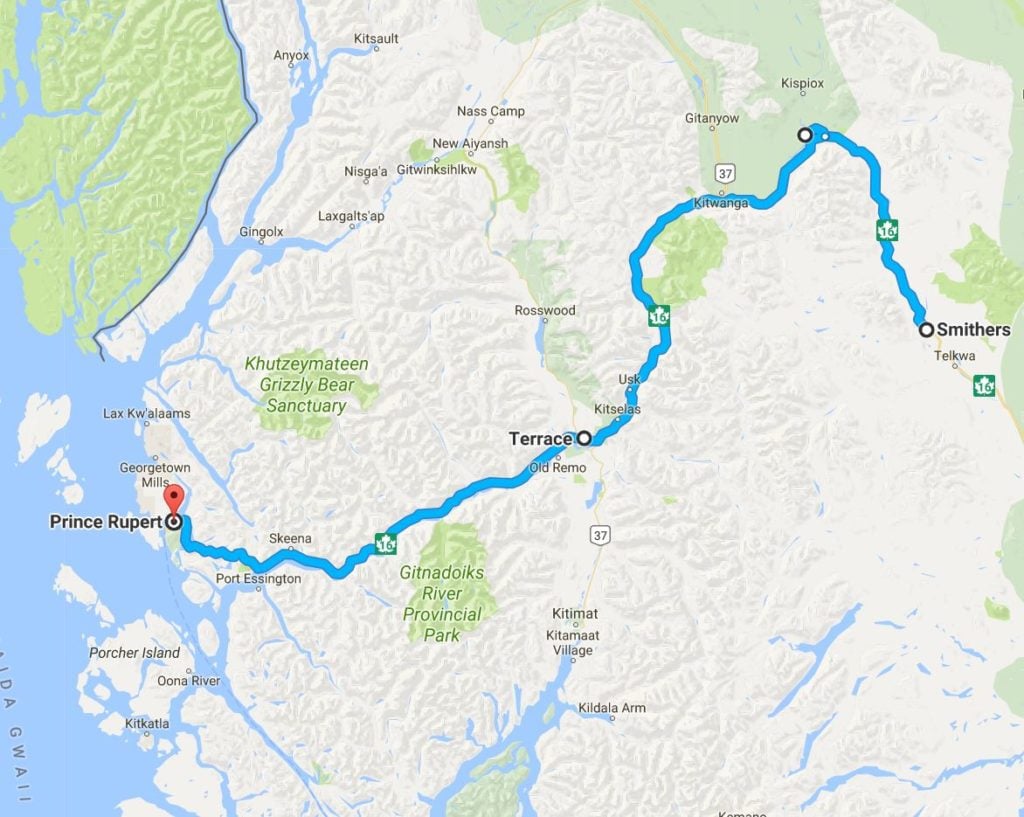 Map for road trip Smithers to Prince Rupert