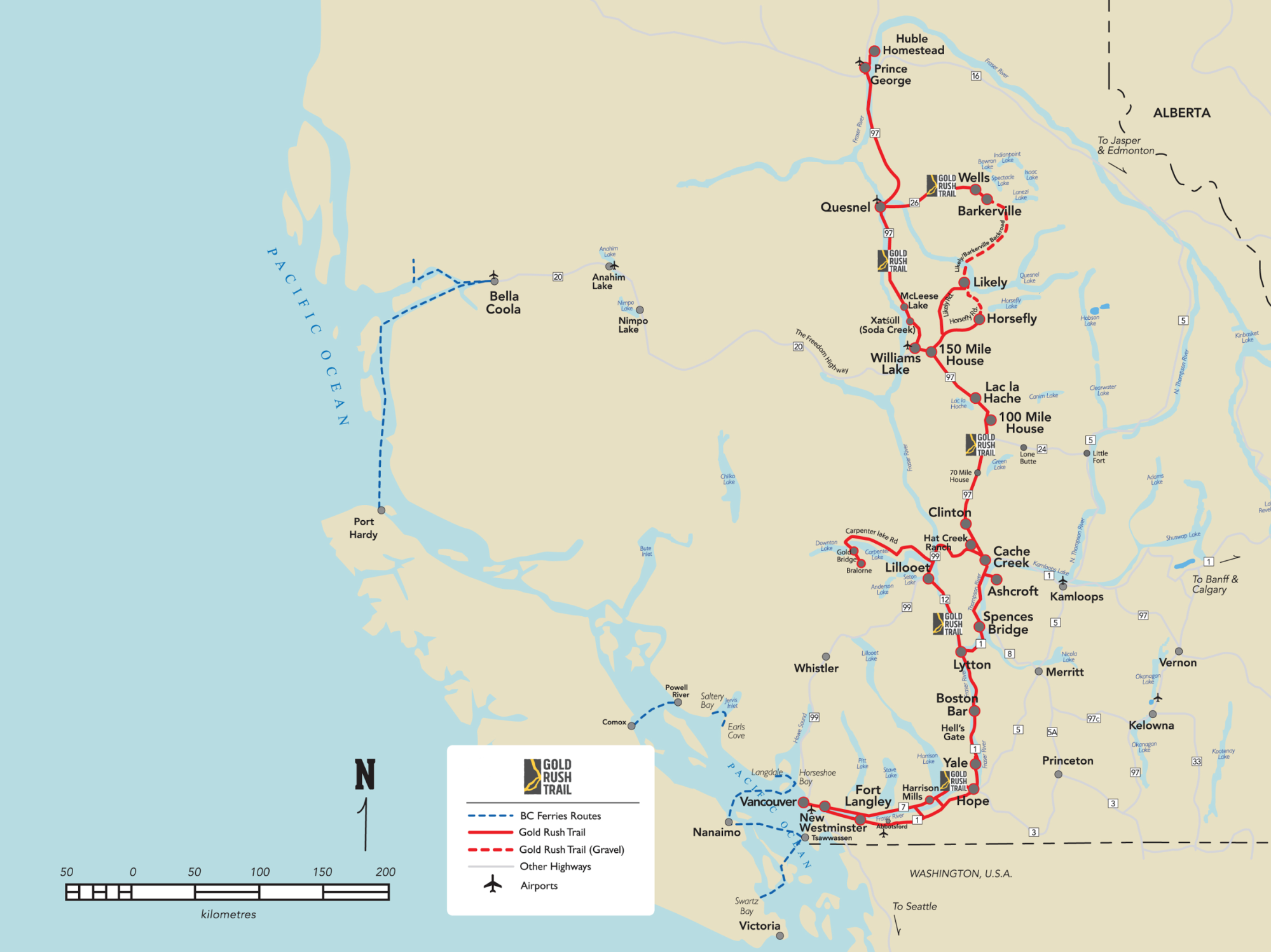 A map with a red line indicating the BC Gold Rush Route.