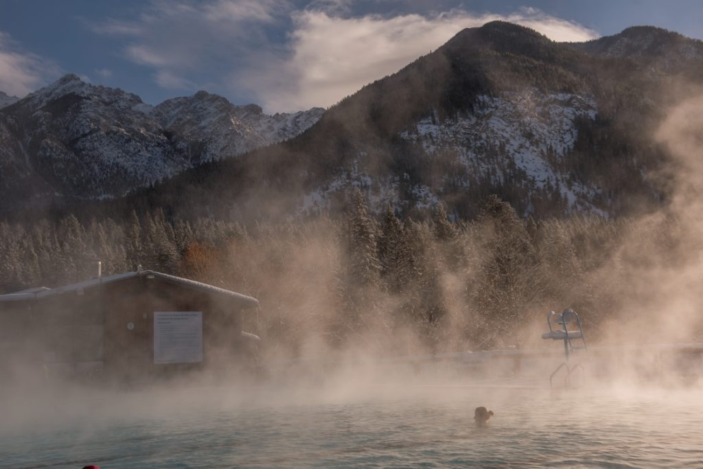 Soaking in Fairmont Hot Springs along BC's Powder Highway. 