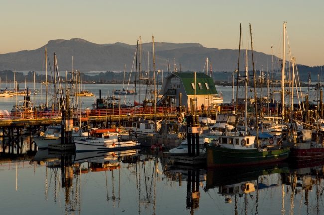 Cowichan Bay harbour at sunrise on Vancouver Island.