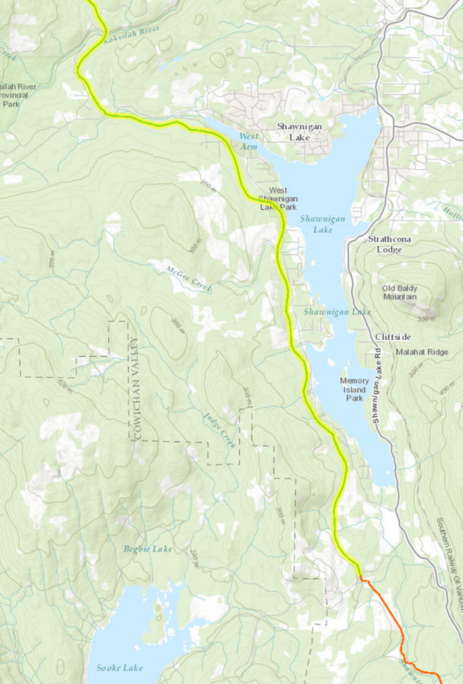 Map of the route from Shawnigan Lake to the 1911 Kinsol Trestle.