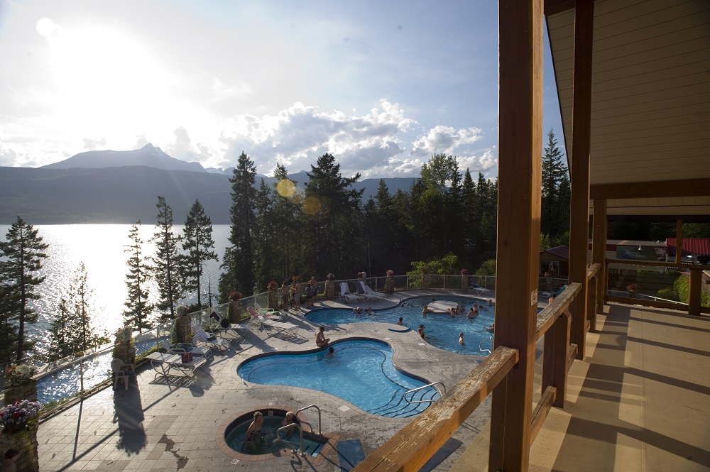 Aerial view of Arrow Lake and the pools at Halcyon Hot Springs Village and Spa near Nakusp. 