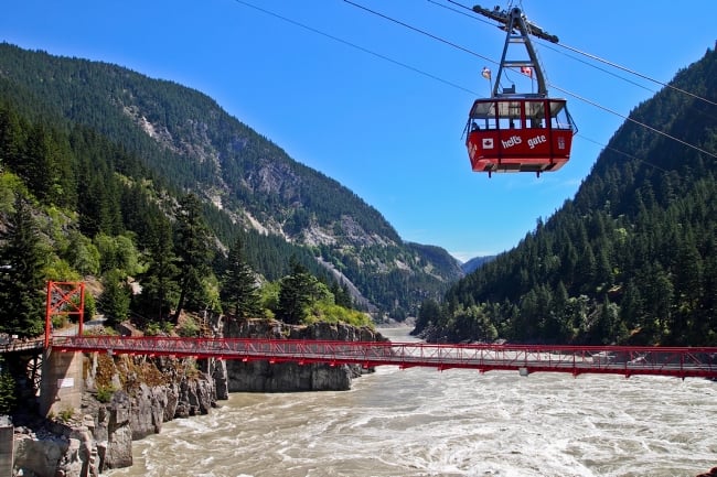 View of the Hell’s Gate Airtram and foot bridge over the Fraser River in the Fraser Canyon.