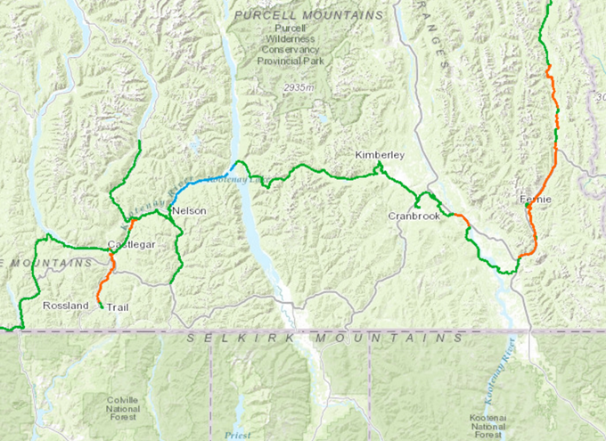 A map of Gray Creel Pass, East Kootenay, and Rockies.
