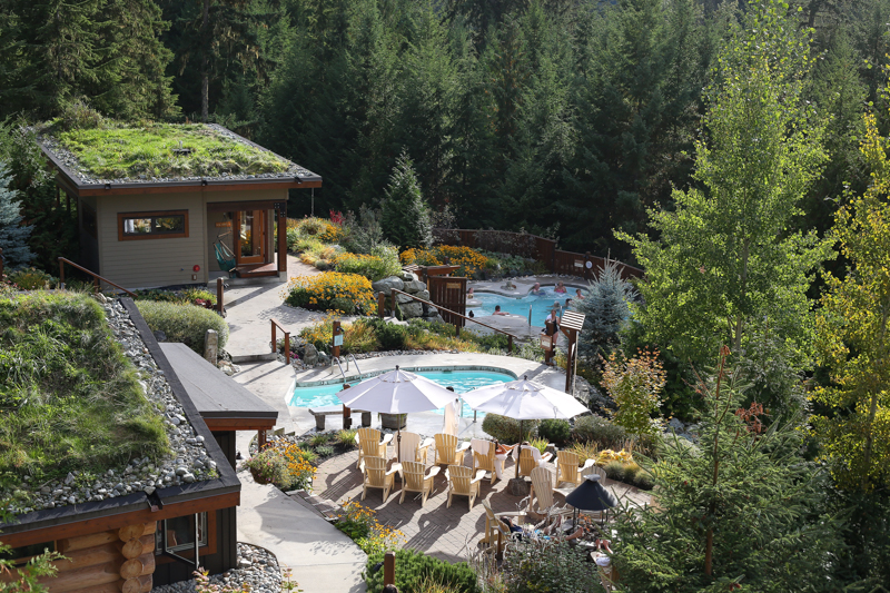 View of a luxury spa in Whistler that is nestled in a dense forest.