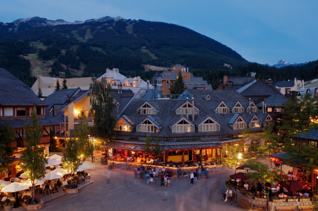 Whistler Village is aglow in the early evening.