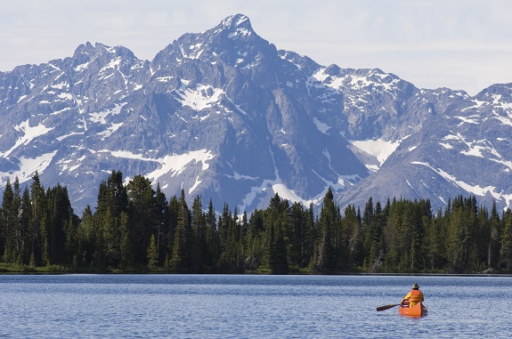 A man in a canoe paddles towards snow-capped mountains.