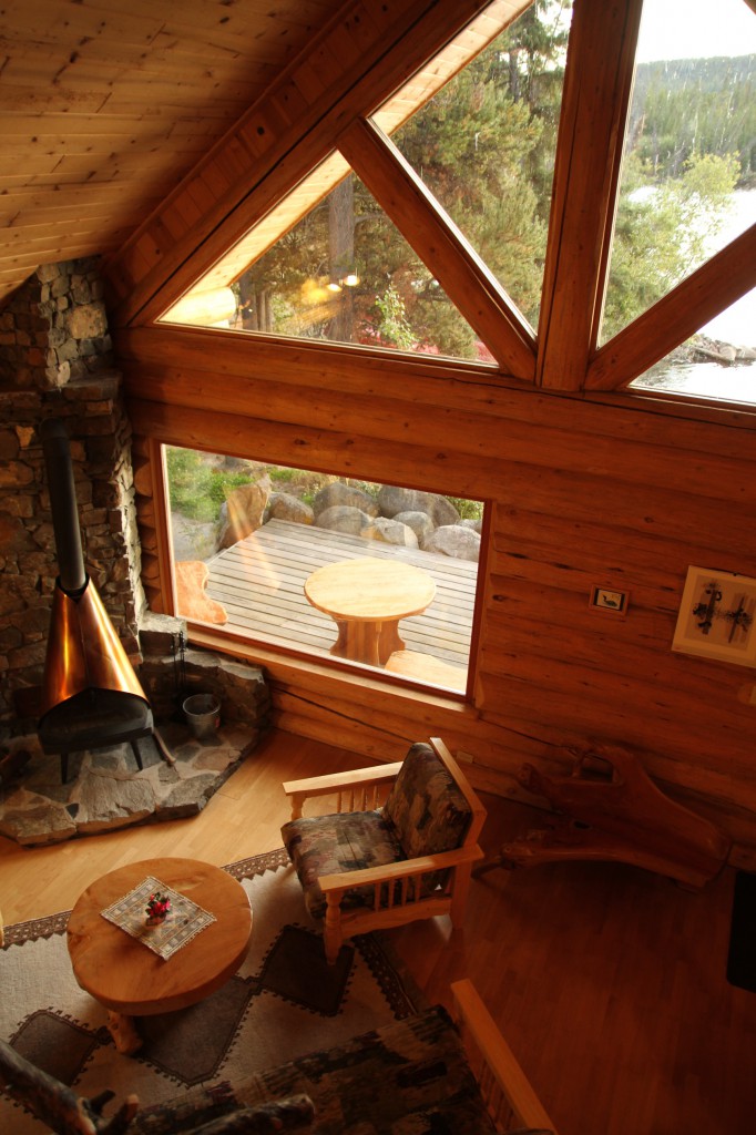 Cozy interior of a log cabin.