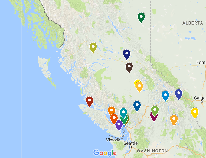 An illustrated map depicting all the giant-sized roadside attractions in BC.