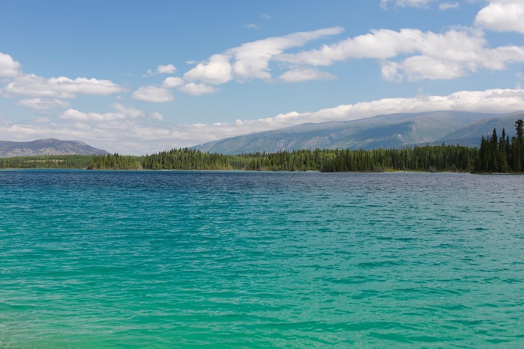Turquoise waters lined by a dense forest at the base of a mountain range.