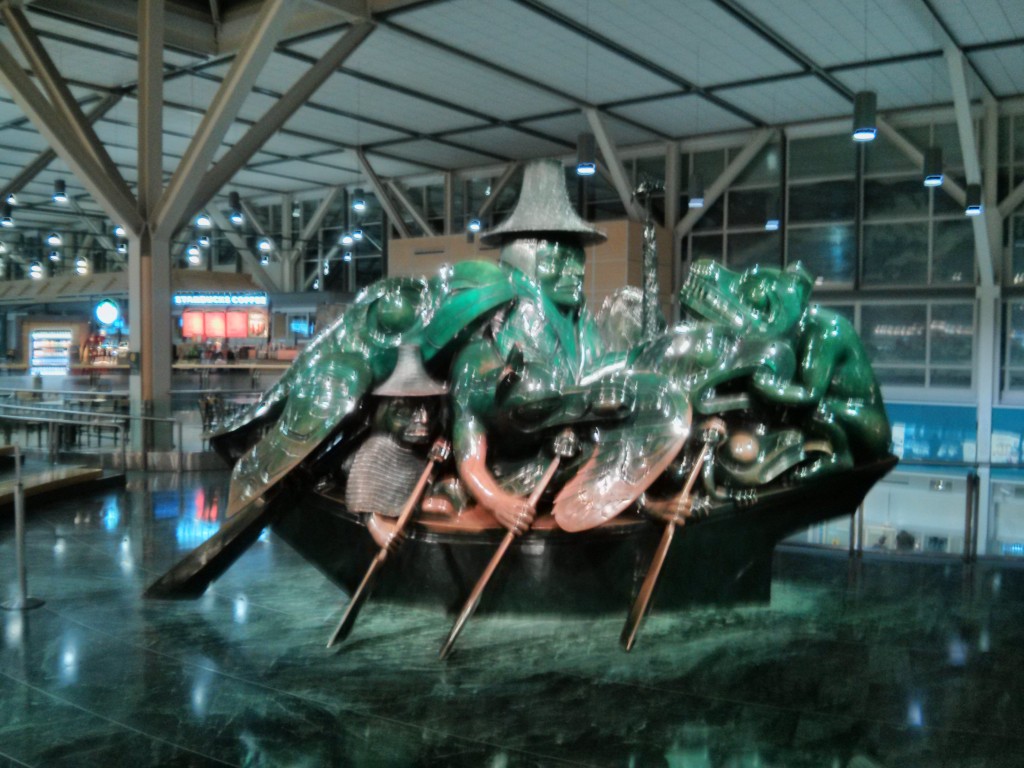 The famous Spirit of Haida Gwalii sculpture at the Vancouver airport.