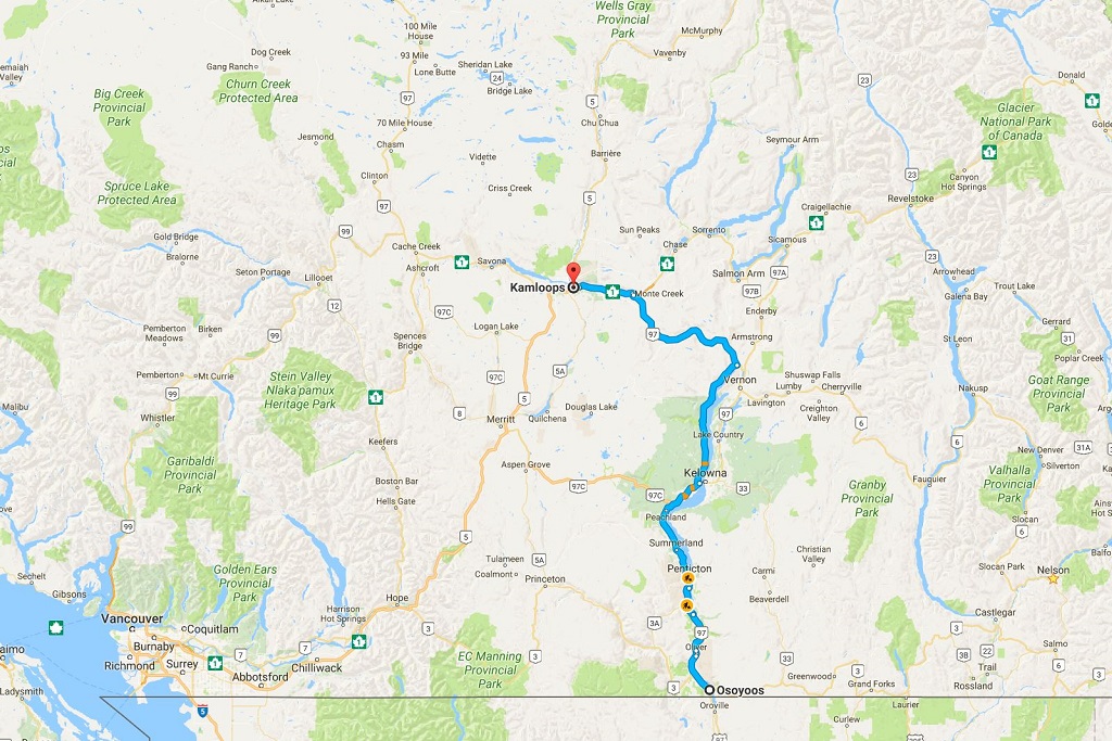 An illustrated map with a blue line indicating the route between Kamloops and Osoyoos.