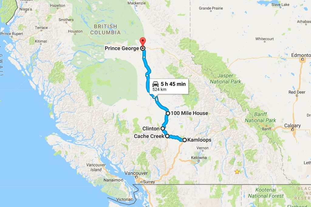 Illustrated map with a blue line indicating the route between Prince George and Kamloops.