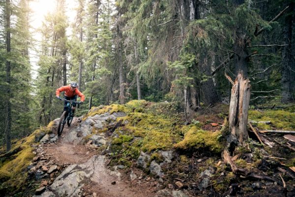 Mountain biking downhill through the forest in Burns Lake, BC