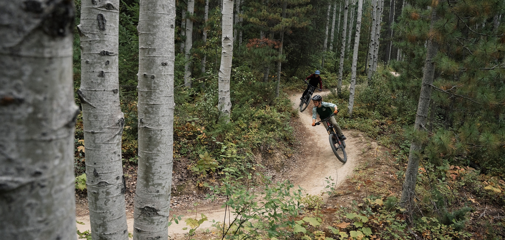 Two bikers riding down a dirt single-track trail through the forest.
