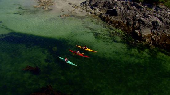 Aerial view of three kayakers paddling through the ocean.
