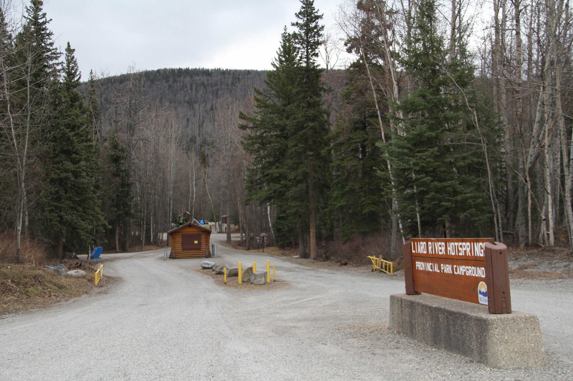 Entrance to campground with a sign that reads “Liard River Hot Springs”.