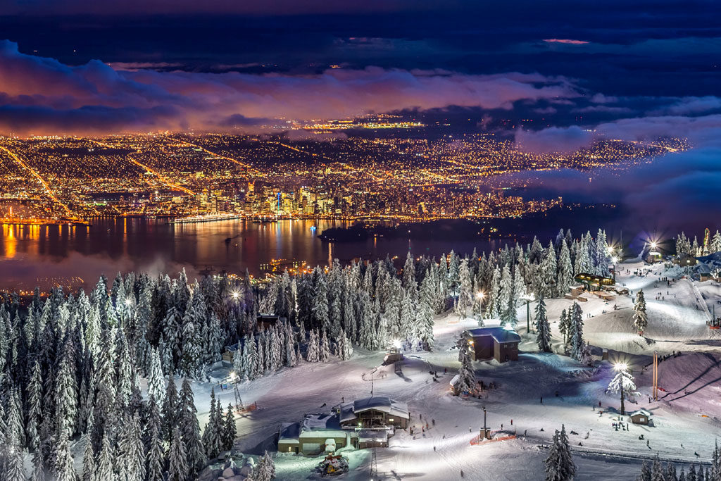 Skiing over Vancouver’s city lights on Grouse Mountain.