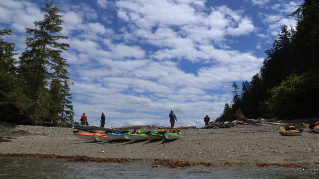Six kayaks are pulled up onto a beach under a cloudy sky.