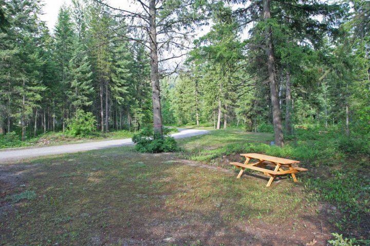 A well kept campsite with a yellow picnic table.