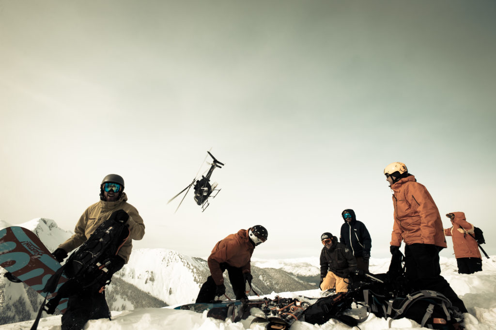 A large group enjoy a day of heli-skiing in British Columbia.