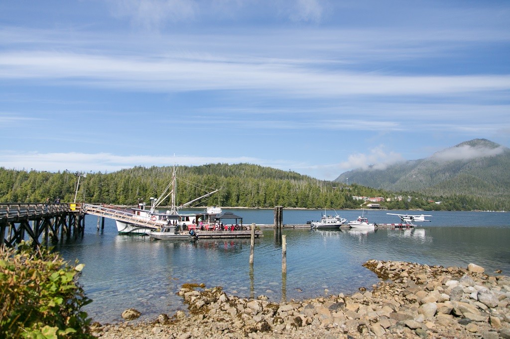 A floating cafe sits in a small harbour.