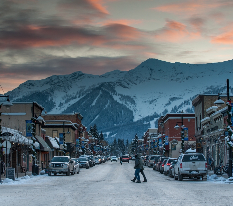 Downtown Fernie at dusk with a mountain landscape | Dave Heath