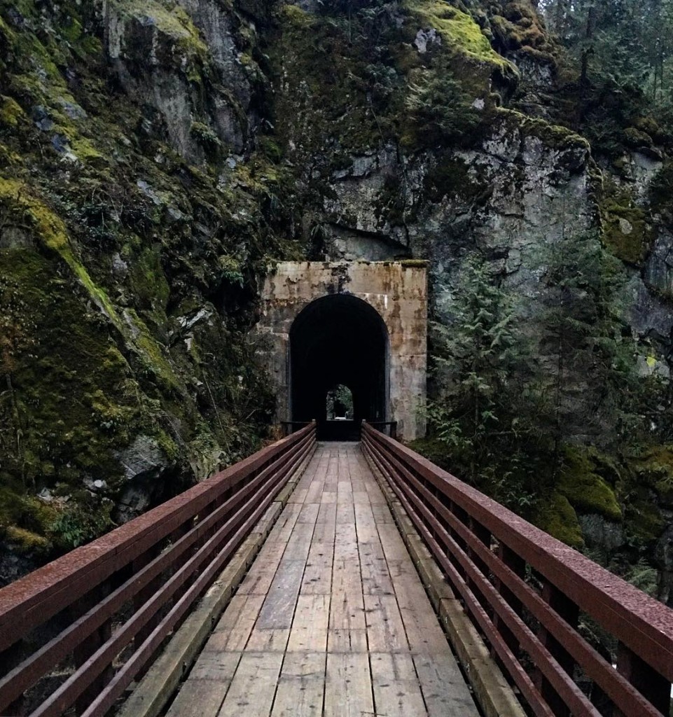 A pedestrian bridge leads into a tunnel carved into a rocky mountain.