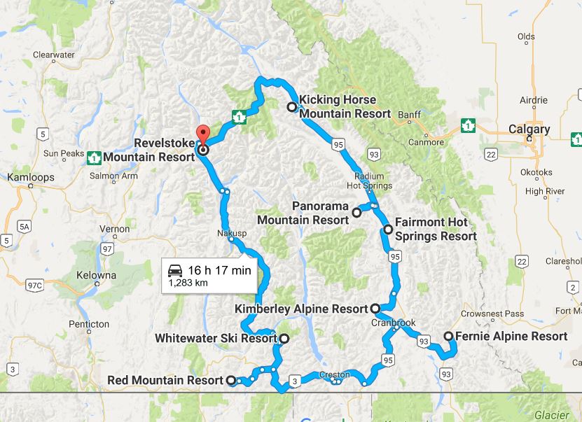 A map with a blue line indicating a circular route that takes you to past Revelstoke, Kicking Horse, Panorama, Fairmont Hot Springs, Kimberley Alpine, Fernie Alpine, Red Mountain, and Whitewater Ski Resort.