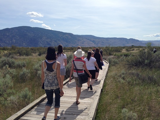 8 women walking across a wooden bridge in the desert at the Osoyoos Desert Centre.
