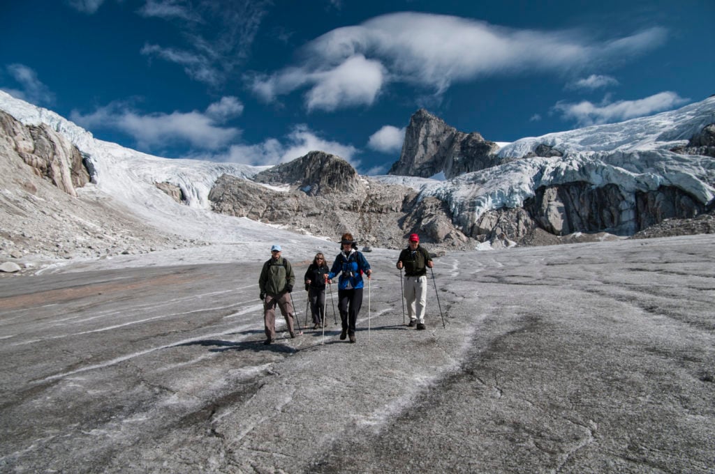 Hiking on a glacier in the Bugaboo Mountains. 