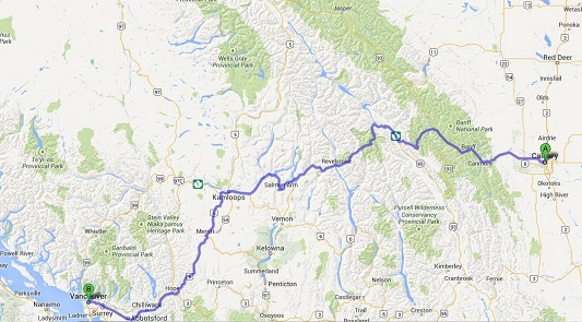 A map with a purple line indicating the driving route from Calgary to Vancouver.