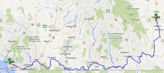 A map with a purple line indicating the route from Calgary to Vancouver via Highway 3.