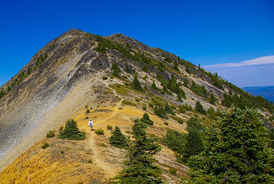 A hiker walks a small path that winds up the side of a mountain.