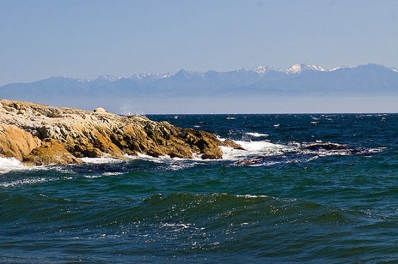 A rocky landscape jutting into the ocean.