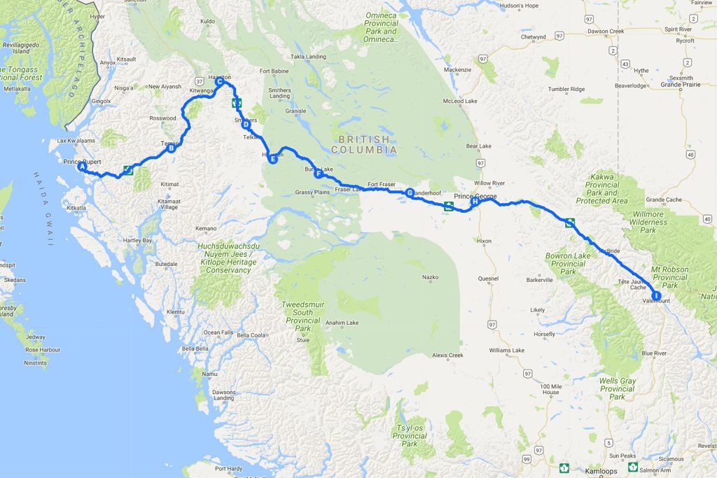 An illustrated map with a blue line indicating the route between Mt Robson Provincial Park to Prince Rupert.