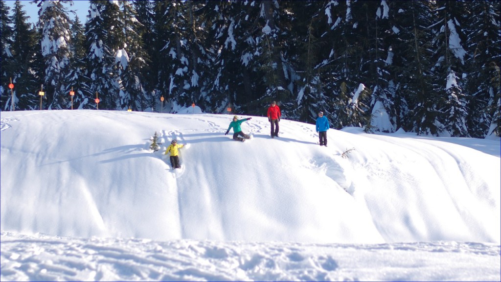 People sliding down a small hill