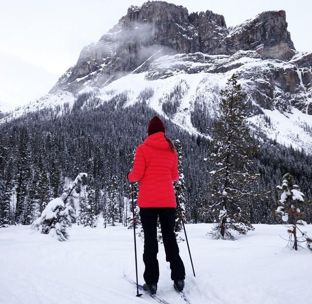 A Cross-country skier in a red jacket looks up at the mountain at Yoho National Park in Field, BC