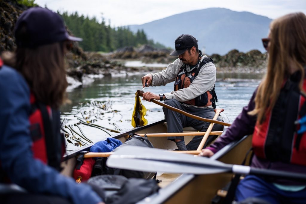 A man in a canoe pulls up a piece of seaweed for a closer look. One person in the front of the canoe looks back. Another person in an adjacent canoe looks on.