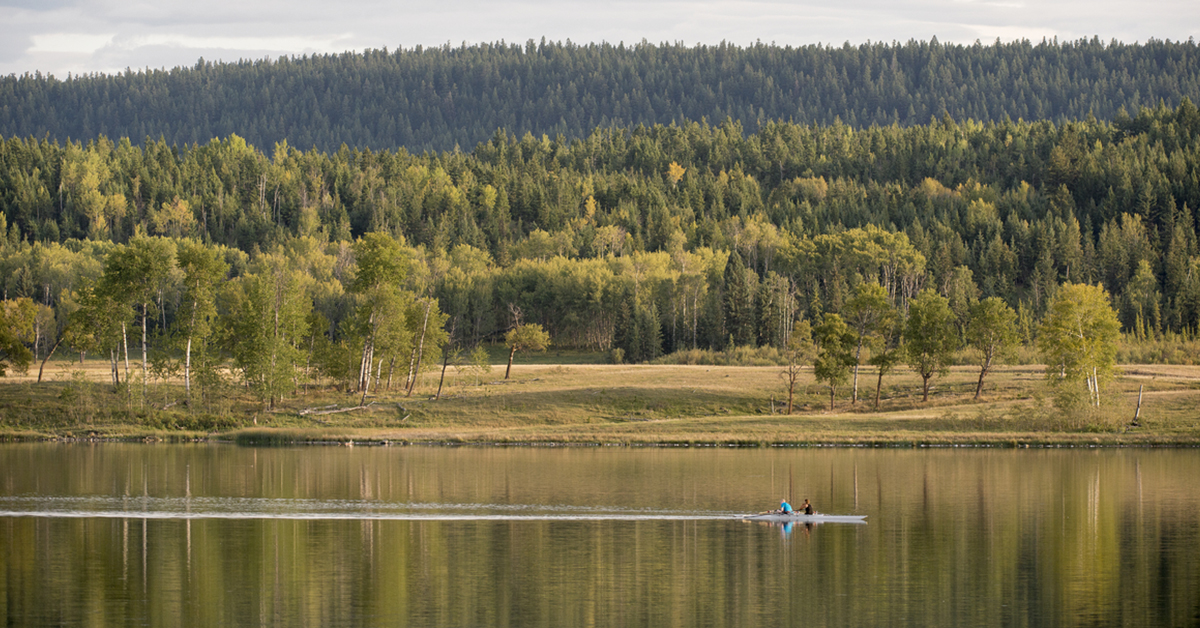 A person kayaks on Watson Lake. The water is calm except for the trail behind the kayak. The lake is surrounded by trees.