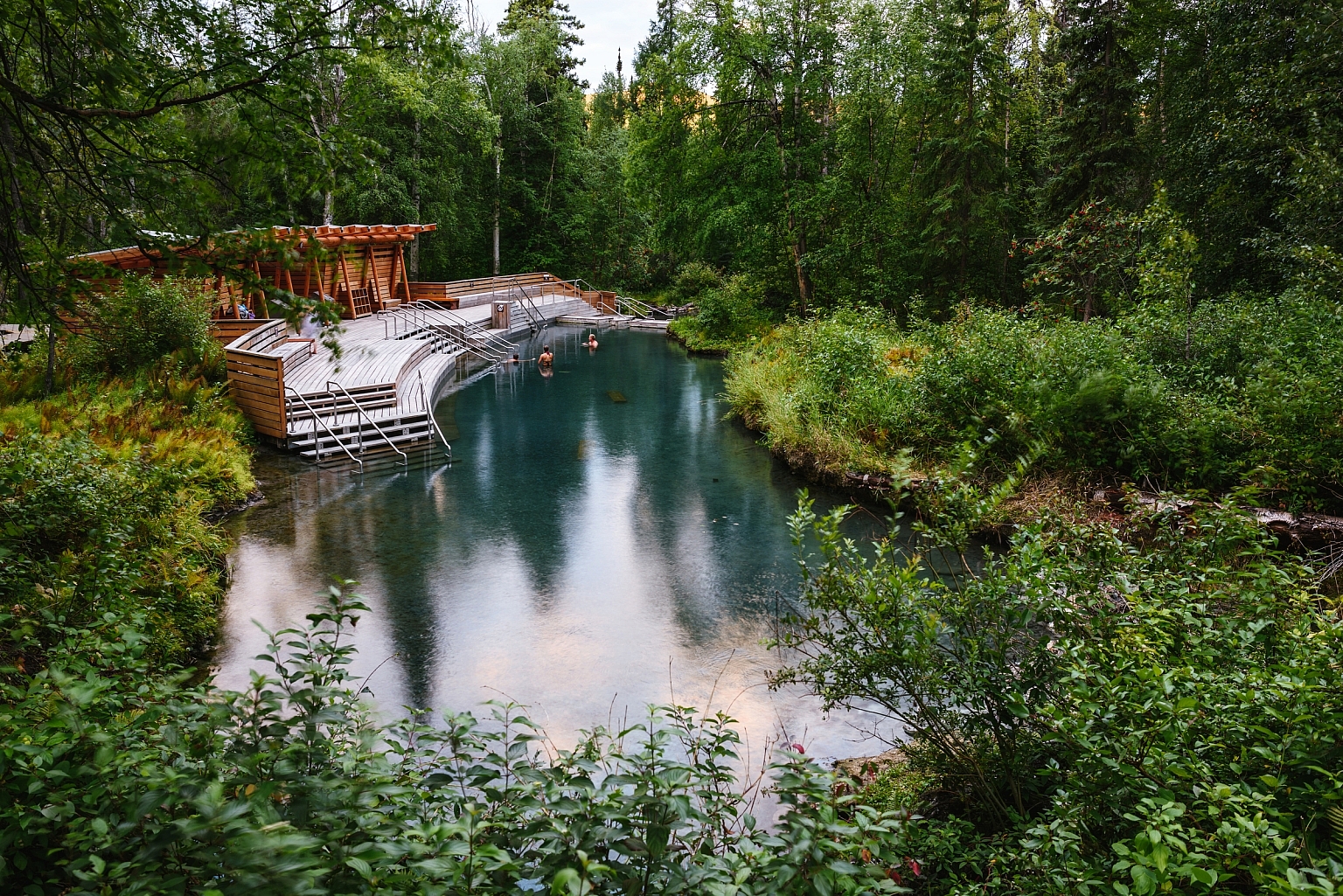 People soaking in the Liard River Hot Springs, mineral baths surrounded by lush forest.