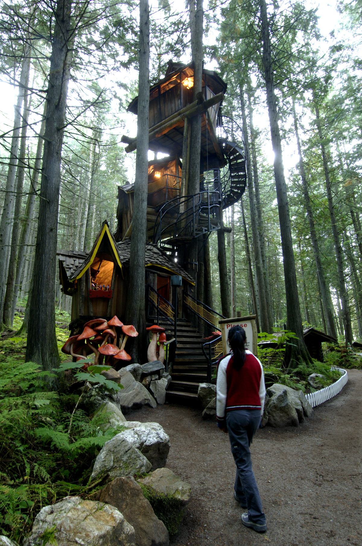 A women looks at a tree house in the Enchated Forest
