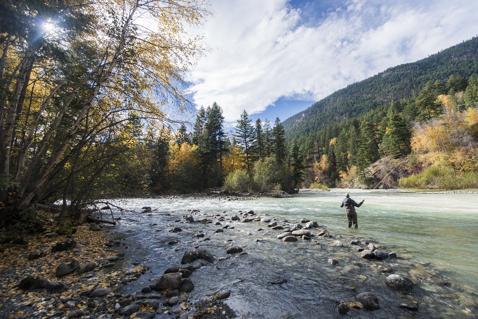 A man fishing with fall colours in the trees around him.