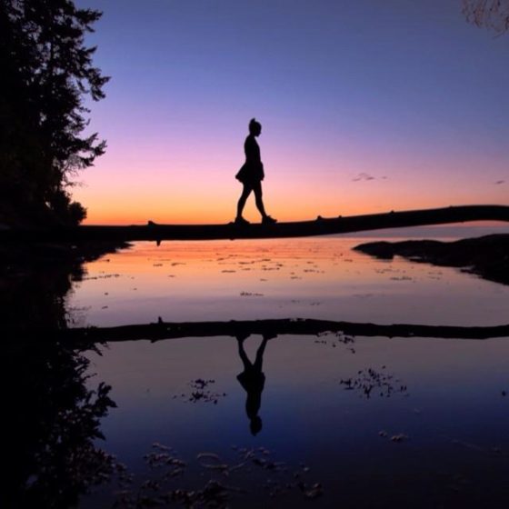 The silhouette of a woman walking across a fallen log at sunset.