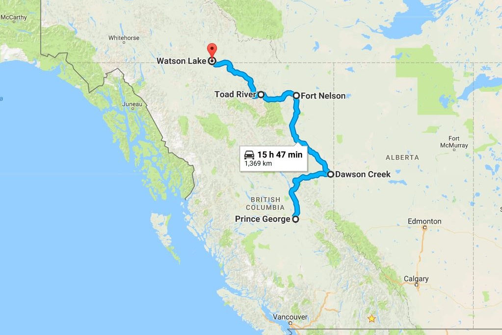 An illustrated map with a blue line indicating the route between Watson Lake and Prince George.