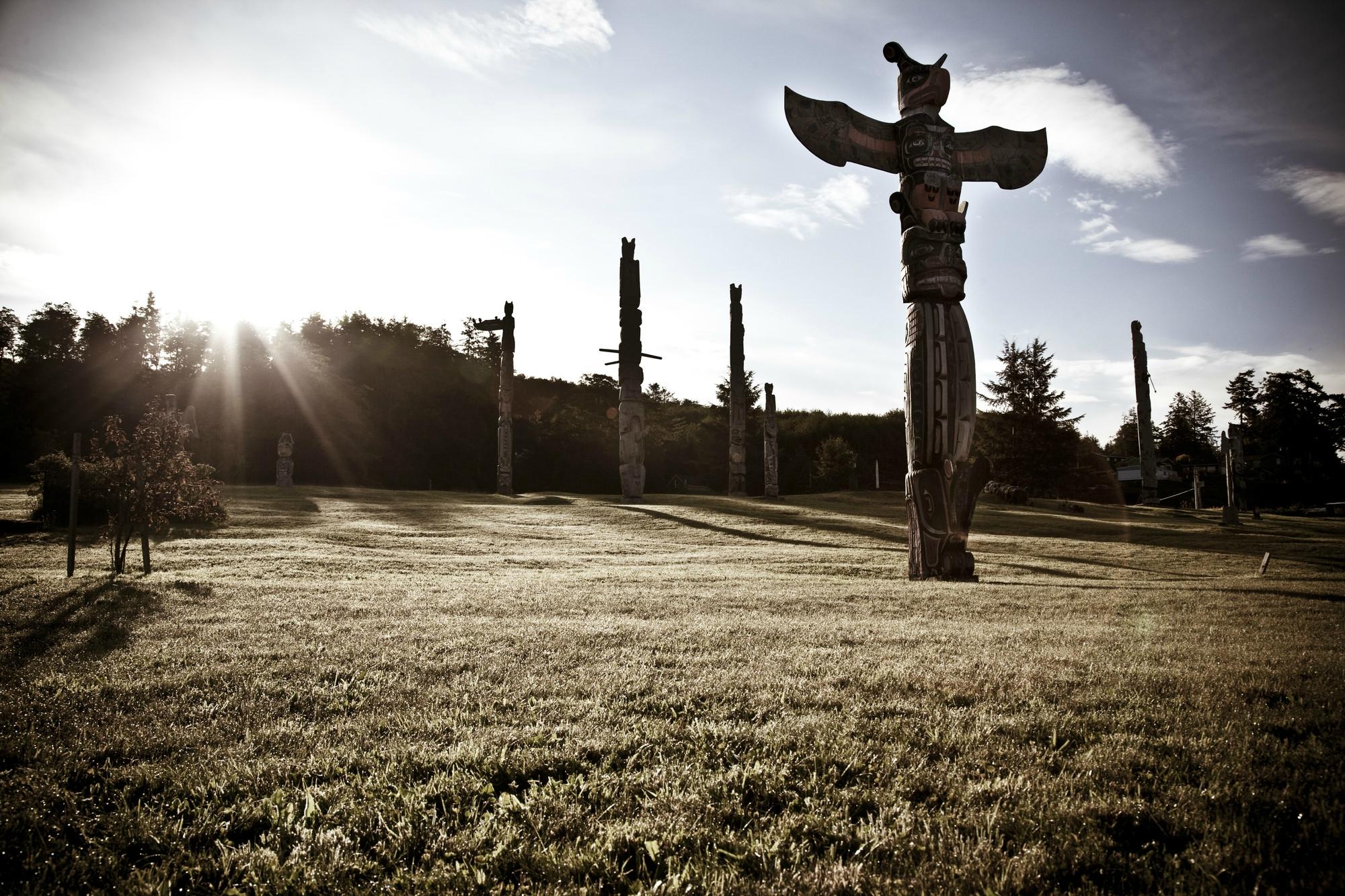 A collection of totem poles in a field with the sun shining behind them